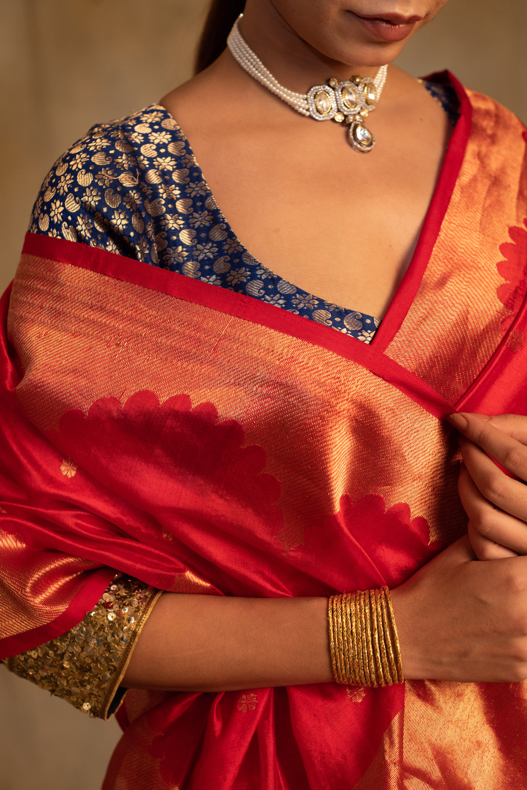 Sora- Red Silk Chanderi Tissue Saree