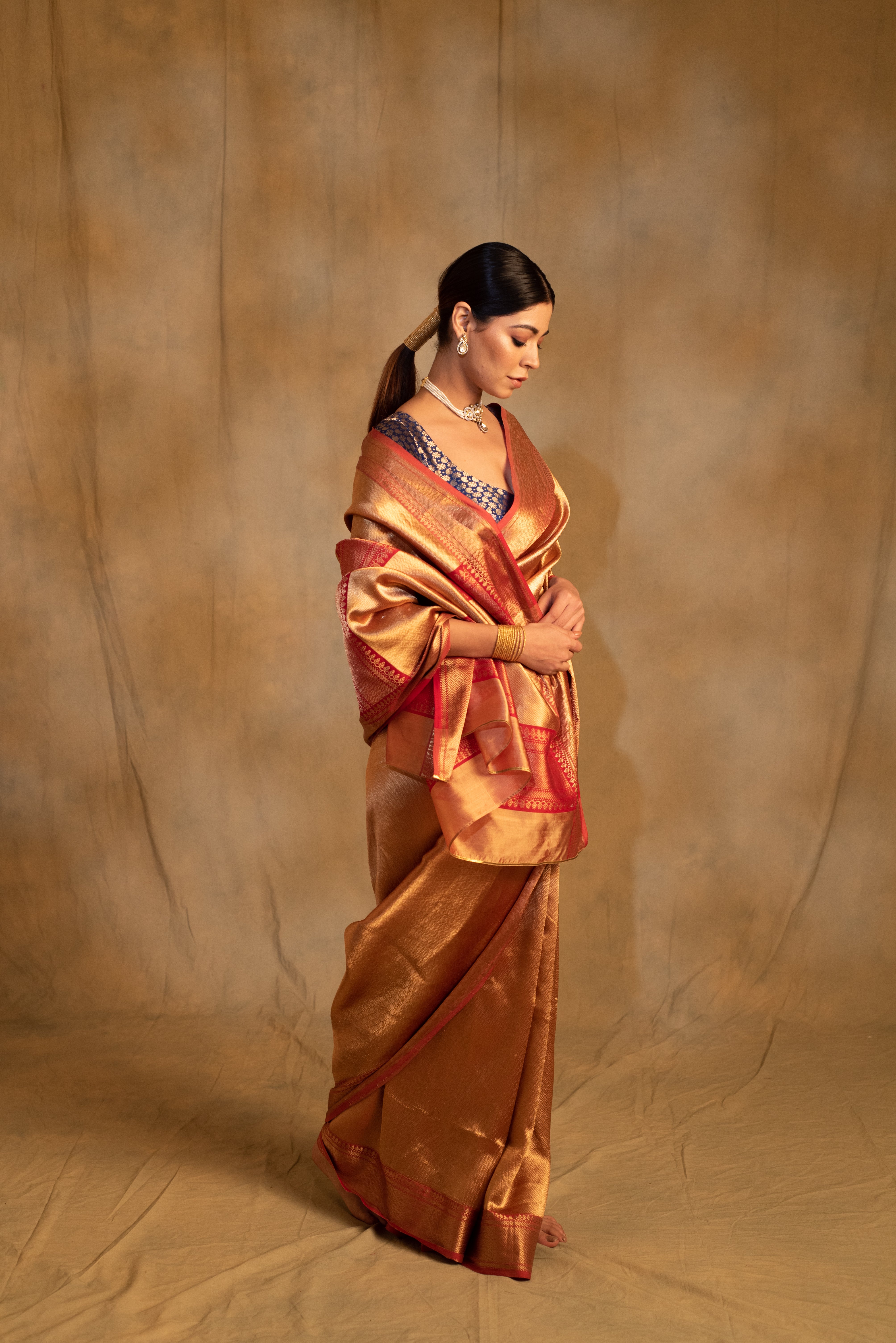 Kylee- Gold Silk Chanderi Saree