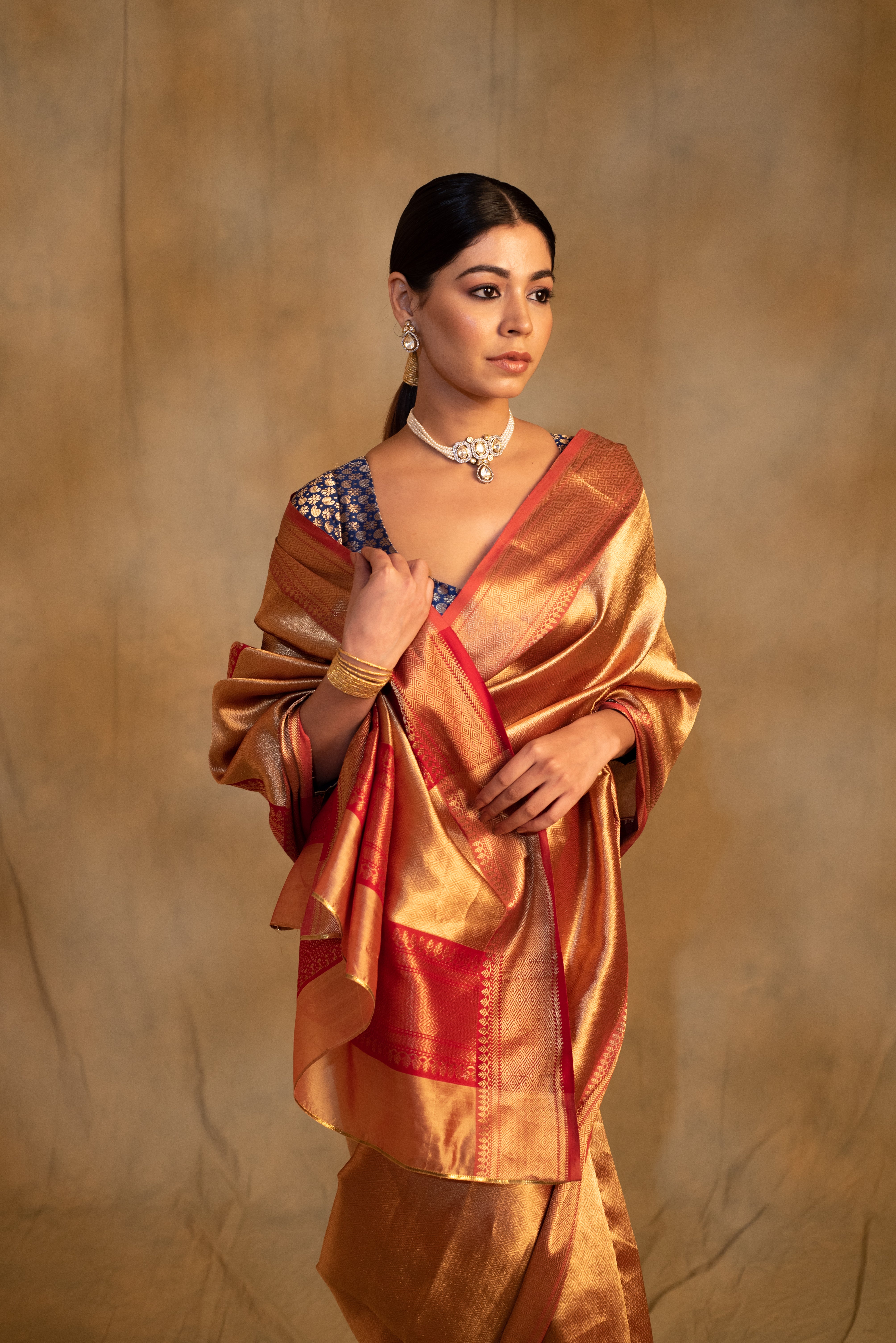 Kylee- Gold Silk Chanderi Saree