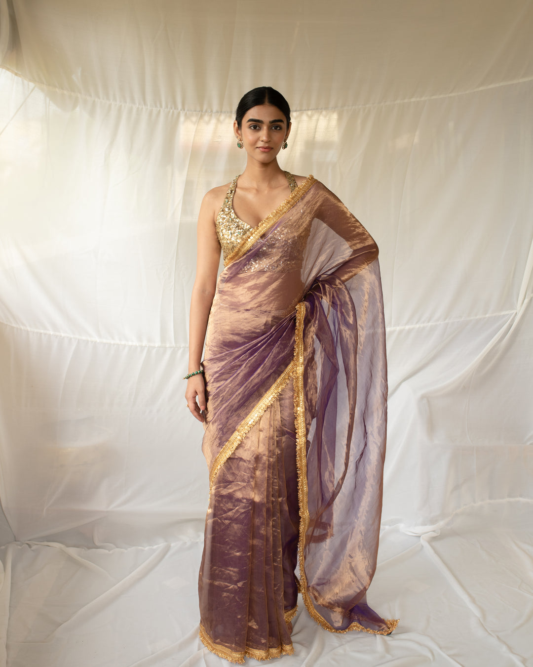 Teej - Purple and Gold Silk Chanderi Tissue Saree