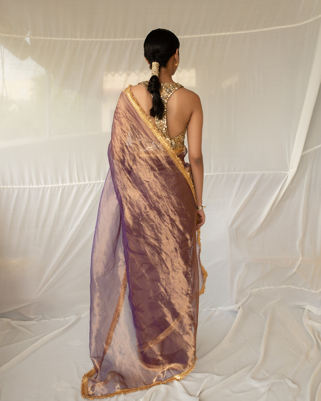 Teej - Purple and Gold Silk Chanderi Tissue Saree