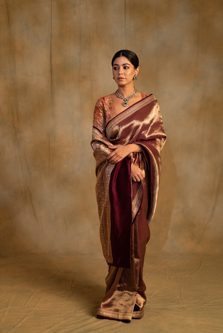 Laldita- Burgundy Silk Banarasi Textured Saree