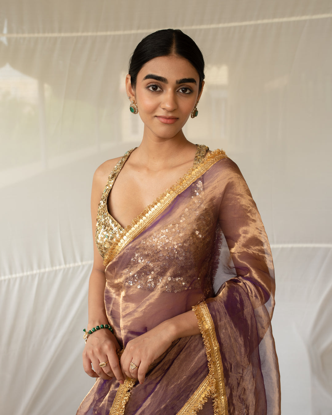 Teej - Purple and Gold Silk Chanderi Tissue Saree