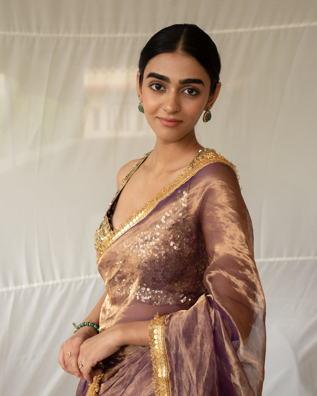 Teej - Purple and Gold Silk Chanderi Tissue Saree