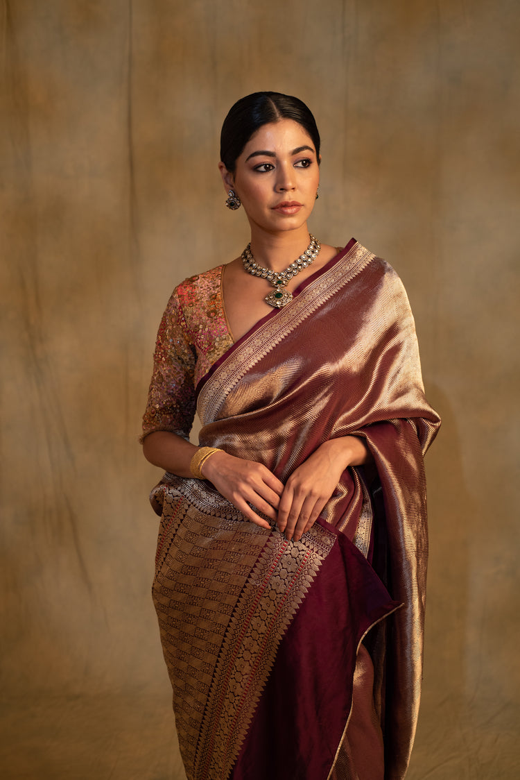 Laldita- Burgundy Silk Banarasi Textured Saree