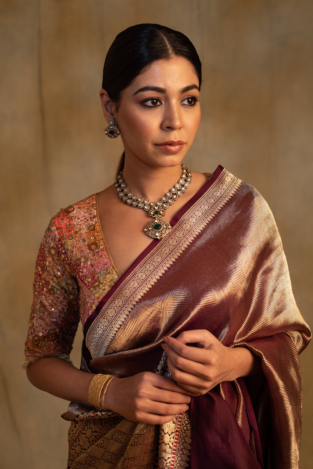 Laldita- Burgundy Silk Banarasi Textured Saree