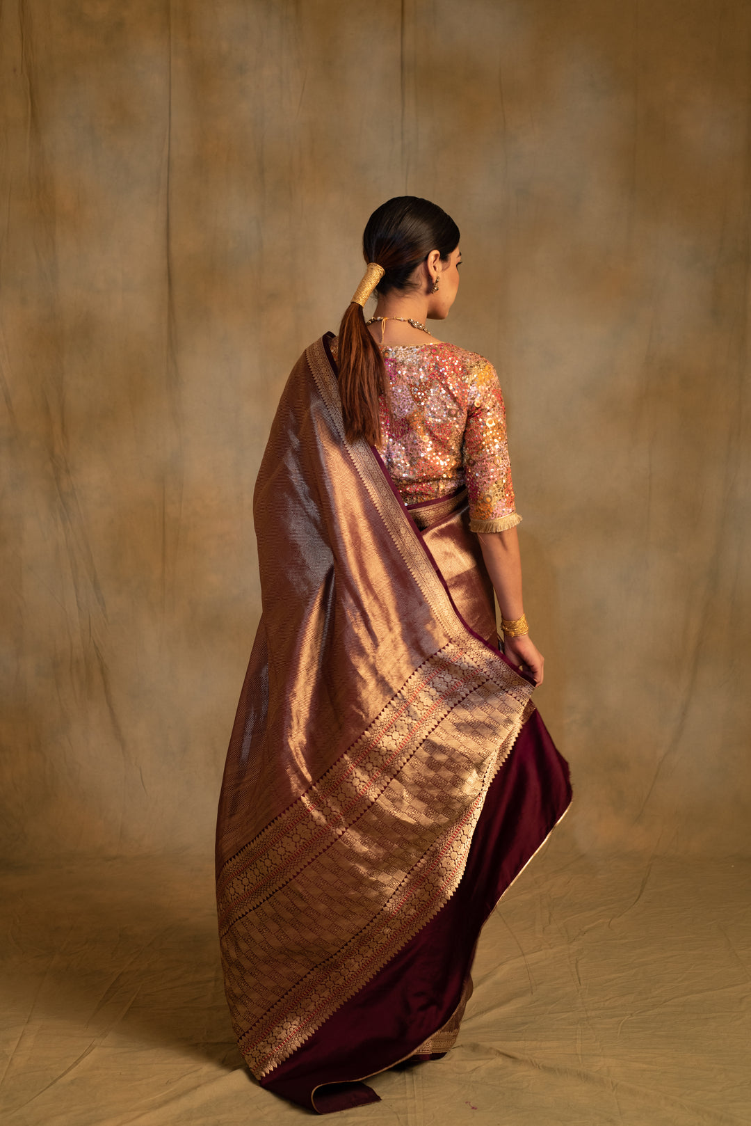 Laldita- Burgundy Silk Banarasi Textured Saree