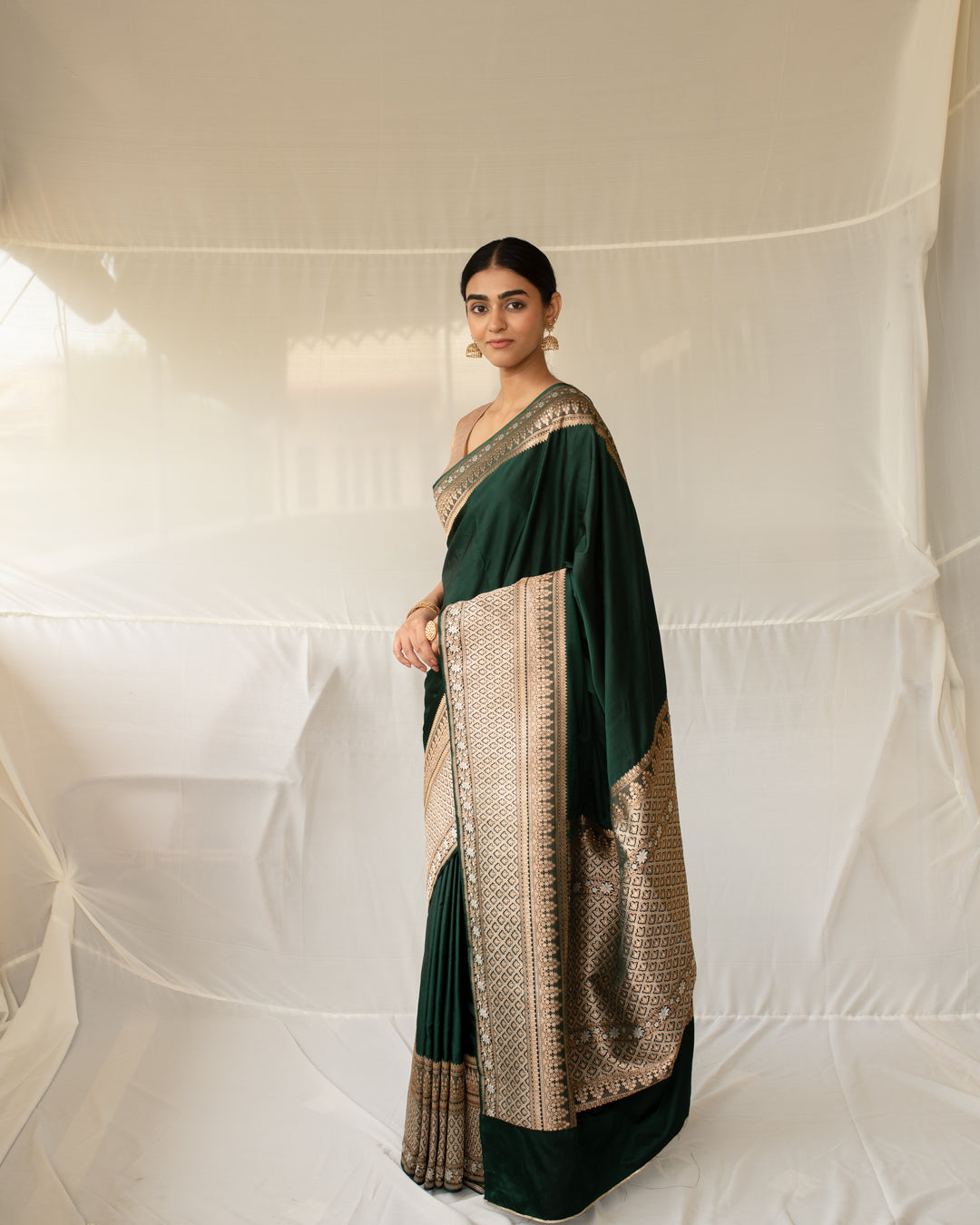 Gangaur - Deep Green Silk Mashroo Banarasi Saree