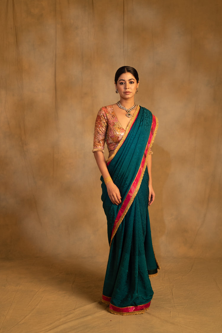 Holi- Teal Silk Crepe Upcycled Saree