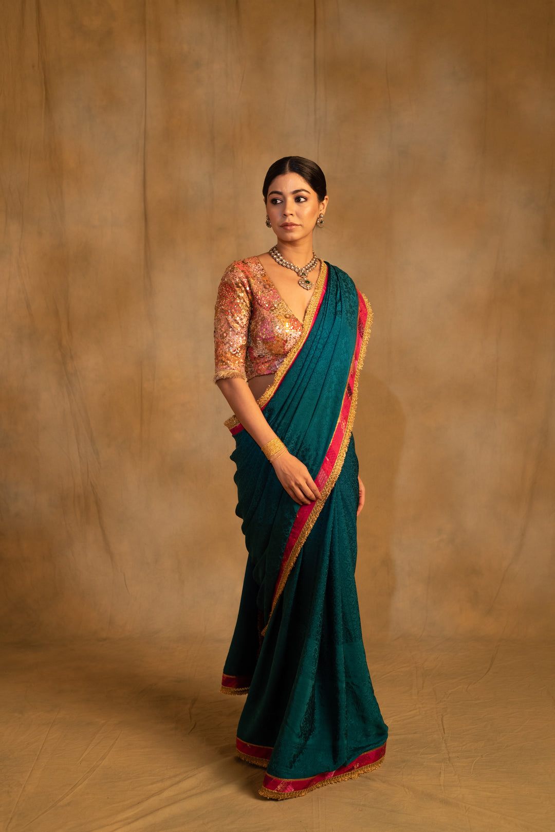 Holi- Teal Silk Crepe Upcycled Saree