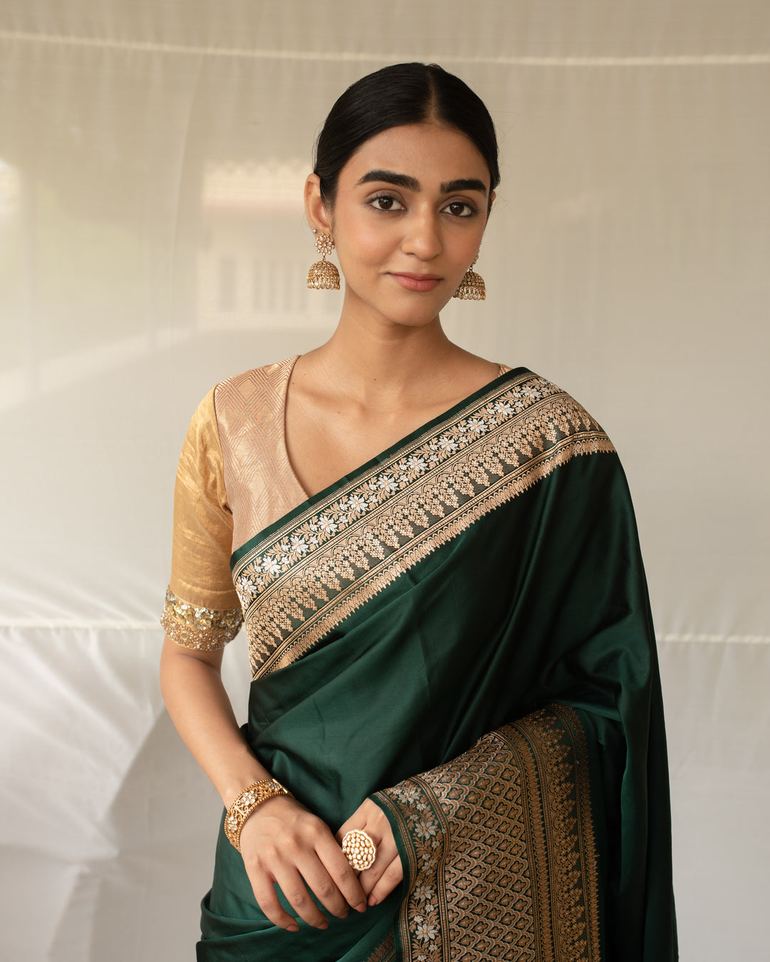Gangaur - Deep Green Silk Mashroo Banarasi Saree