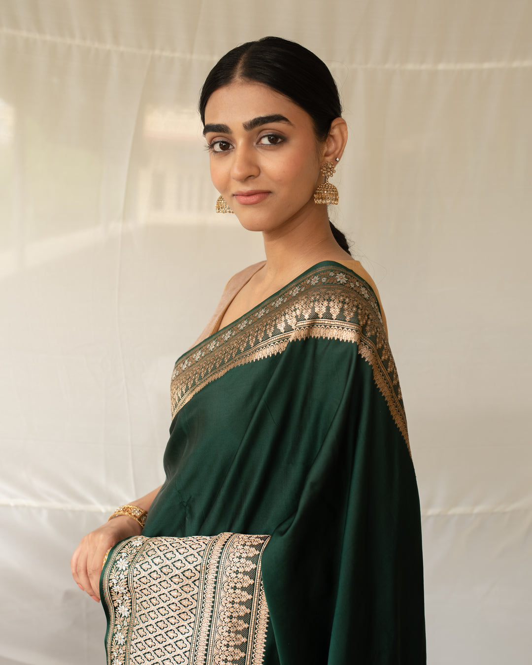 Gangaur - Deep Green Silk Mashroo Banarasi Saree