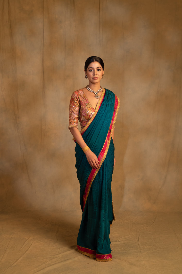 Holi- Teal Silk Crepe Upcycled Saree