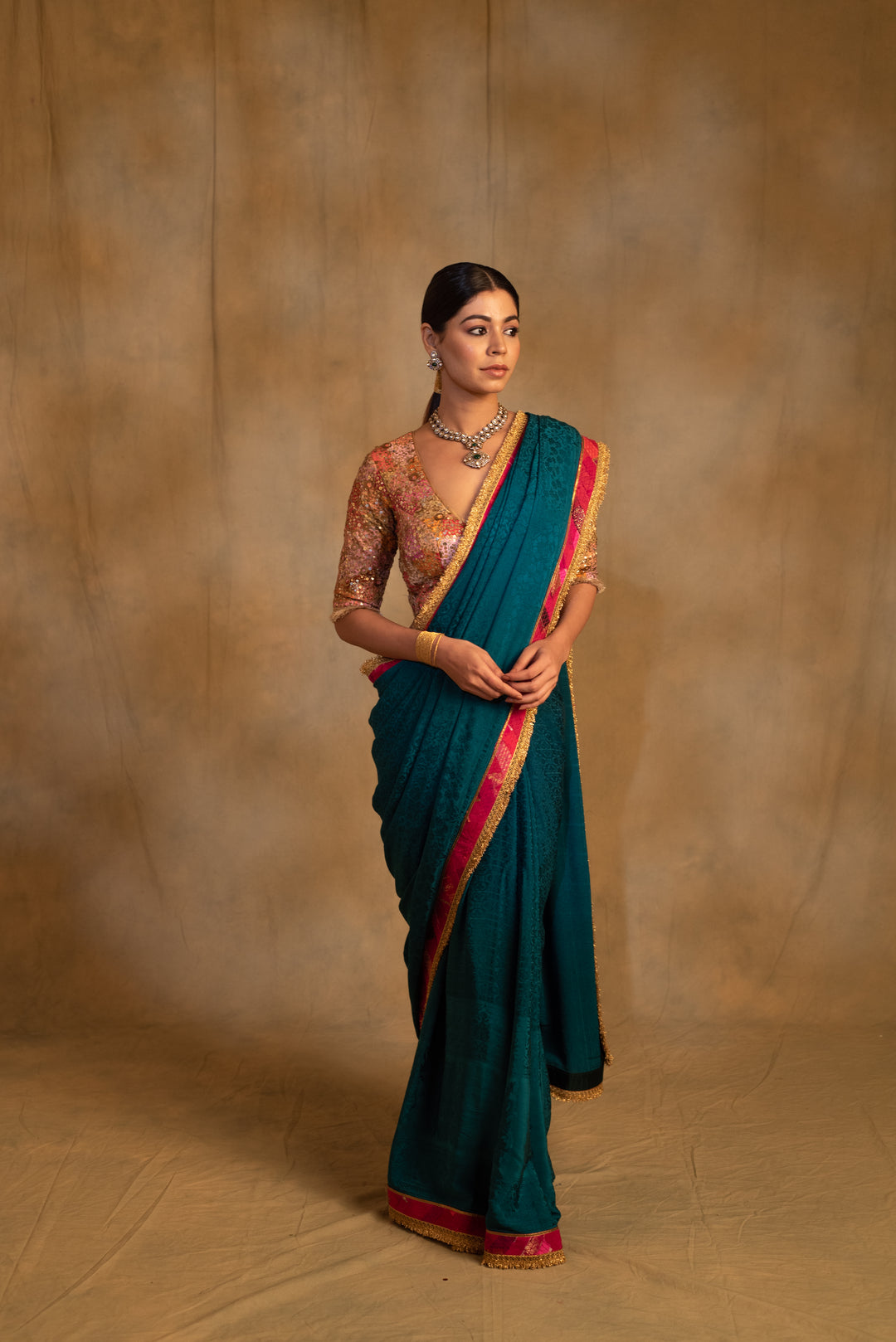 Holi- Teal Silk Crepe Upcycled Saree