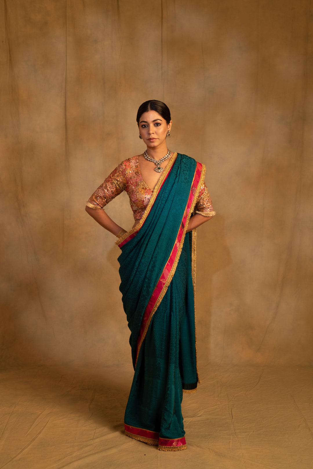 Holi- Teal Silk Crepe Upcycled Saree