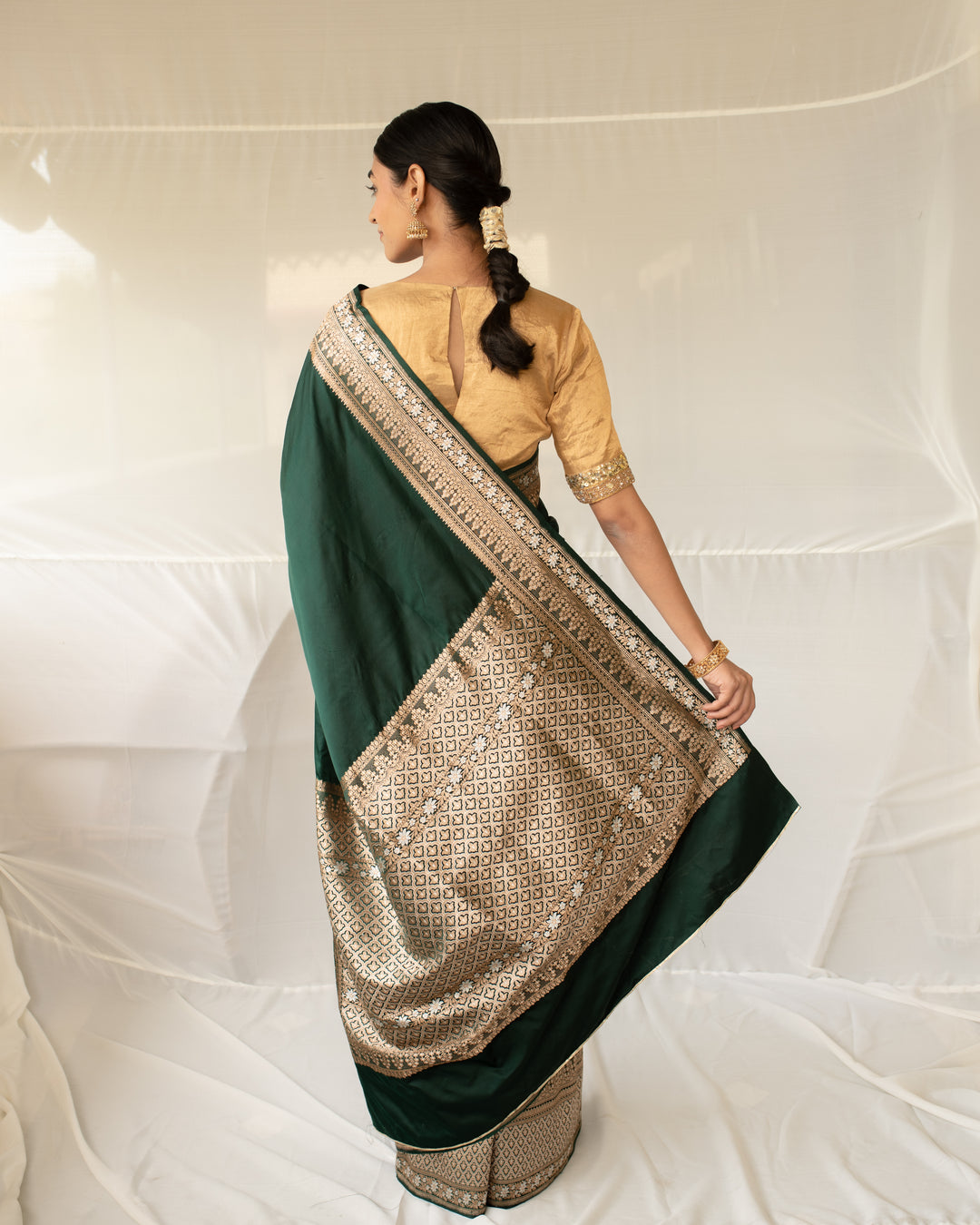 Gangaur - Deep Green Silk Mashroo Banarasi Saree