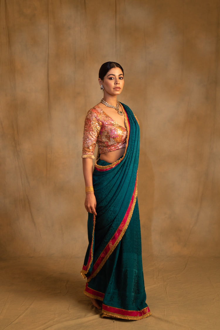 Holi- Teal Silk Crepe Upcycled Saree