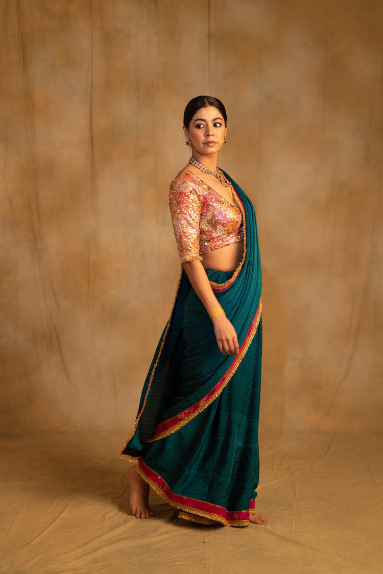 Holi- Teal Silk Crepe Upcycled Saree