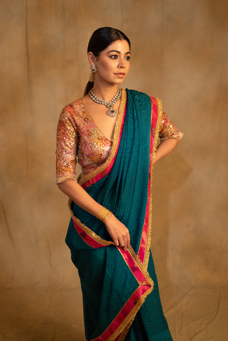 Holi- Teal Silk Crepe Upcycled Saree