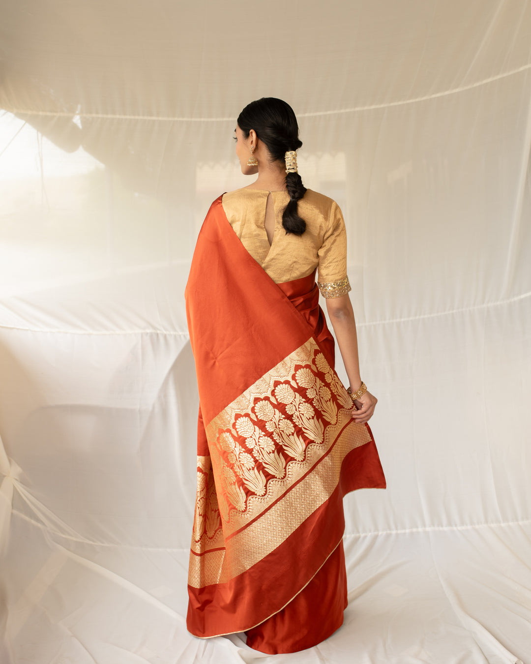 Mani - Rust Silk Banarasi Mashroo Saree