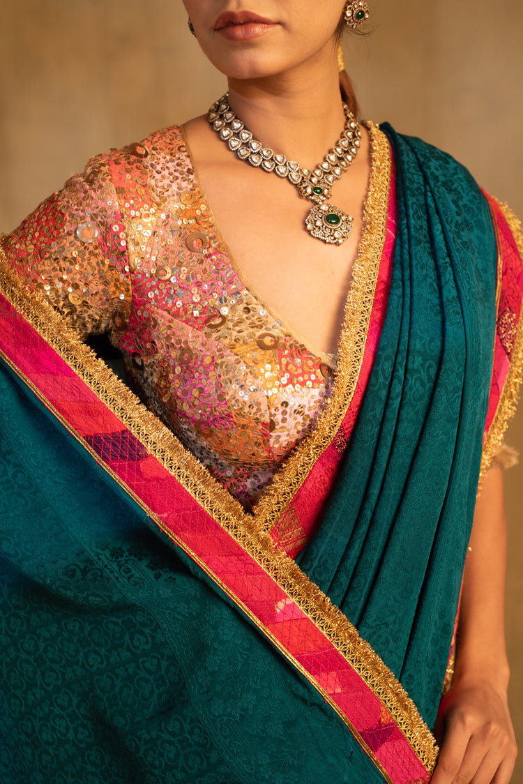 Holi- Teal Silk Crepe Upcycled Saree