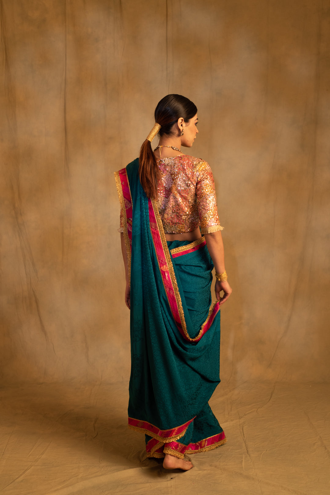 Holi- Teal Silk Crepe Upcycled Saree