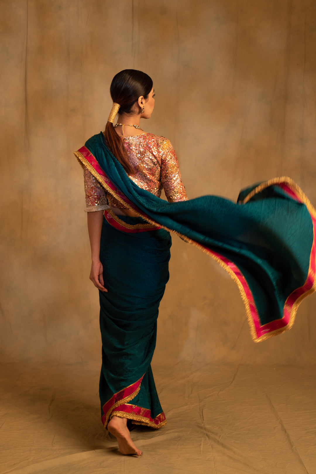 Holi- Teal Silk Crepe Upcycled Saree