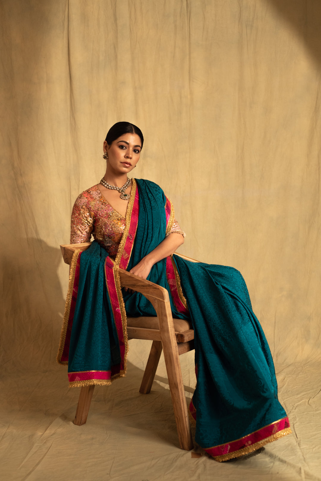 Holi- Teal Silk Crepe Upcycled Saree