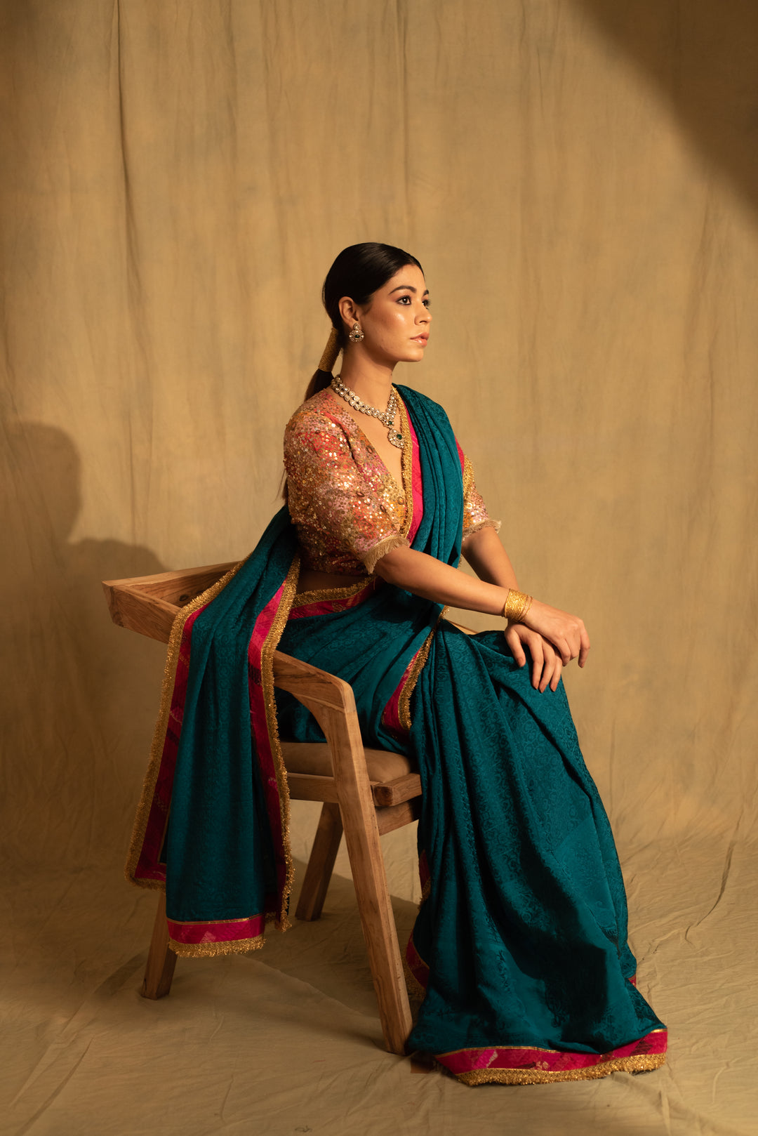 Holi- Teal Silk Crepe Upcycled Saree