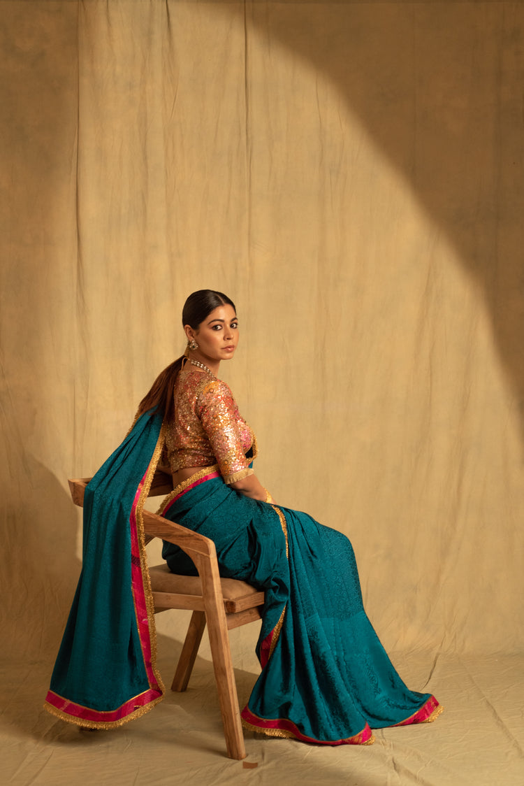 Holi- Teal Silk Crepe Upcycled Saree