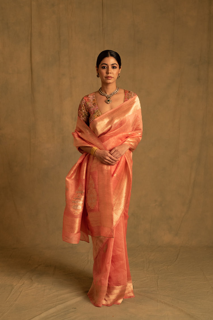 Karva- Coral Pink Linen- Silk Banarasi Saree