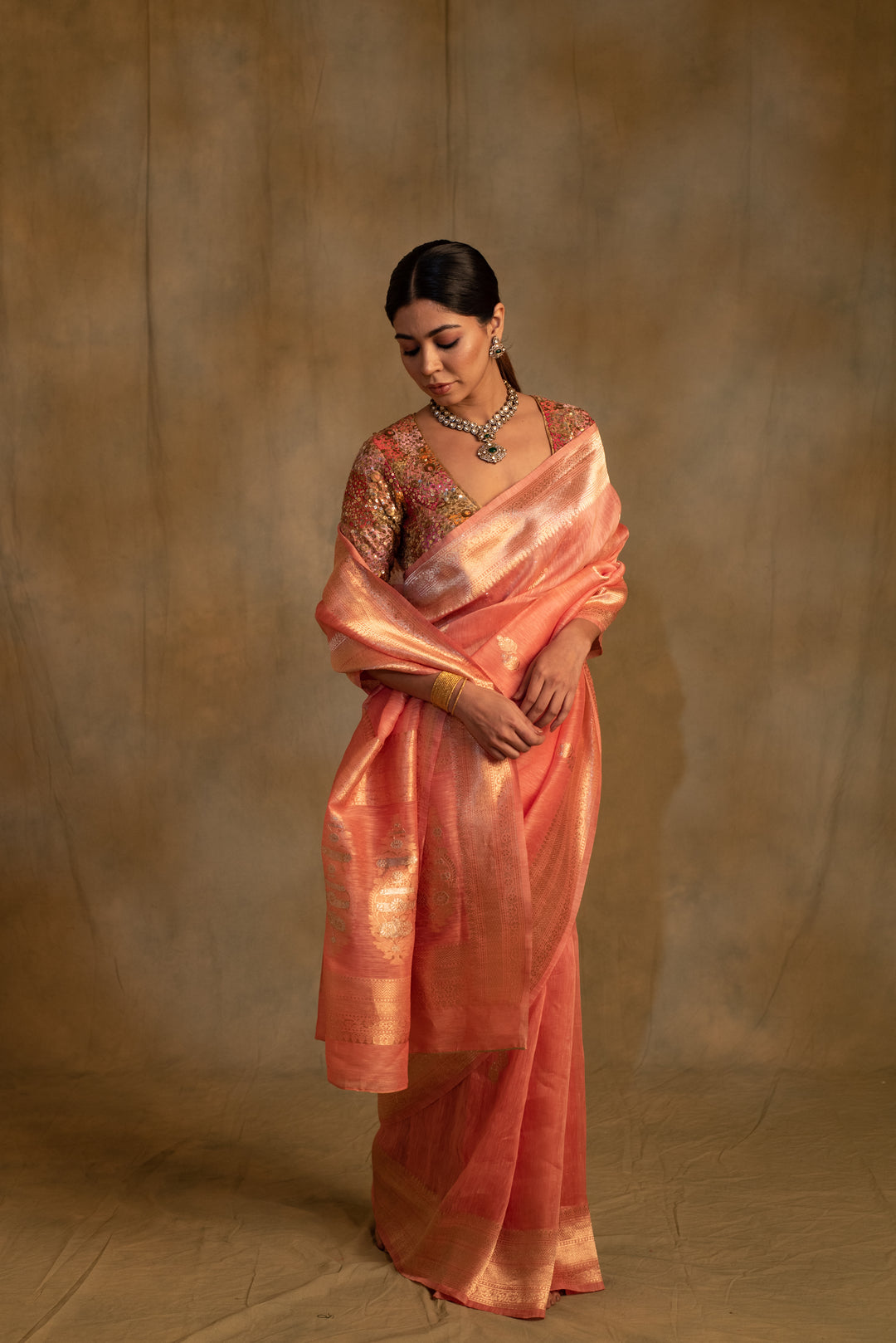 Karva- Coral Pink Linen- Silk Banarasi Saree