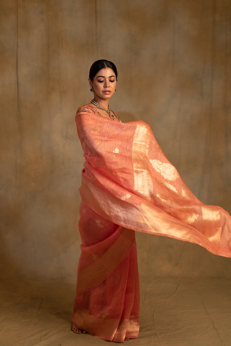 Karva- Coral Pink Linen- Silk Banarasi Saree