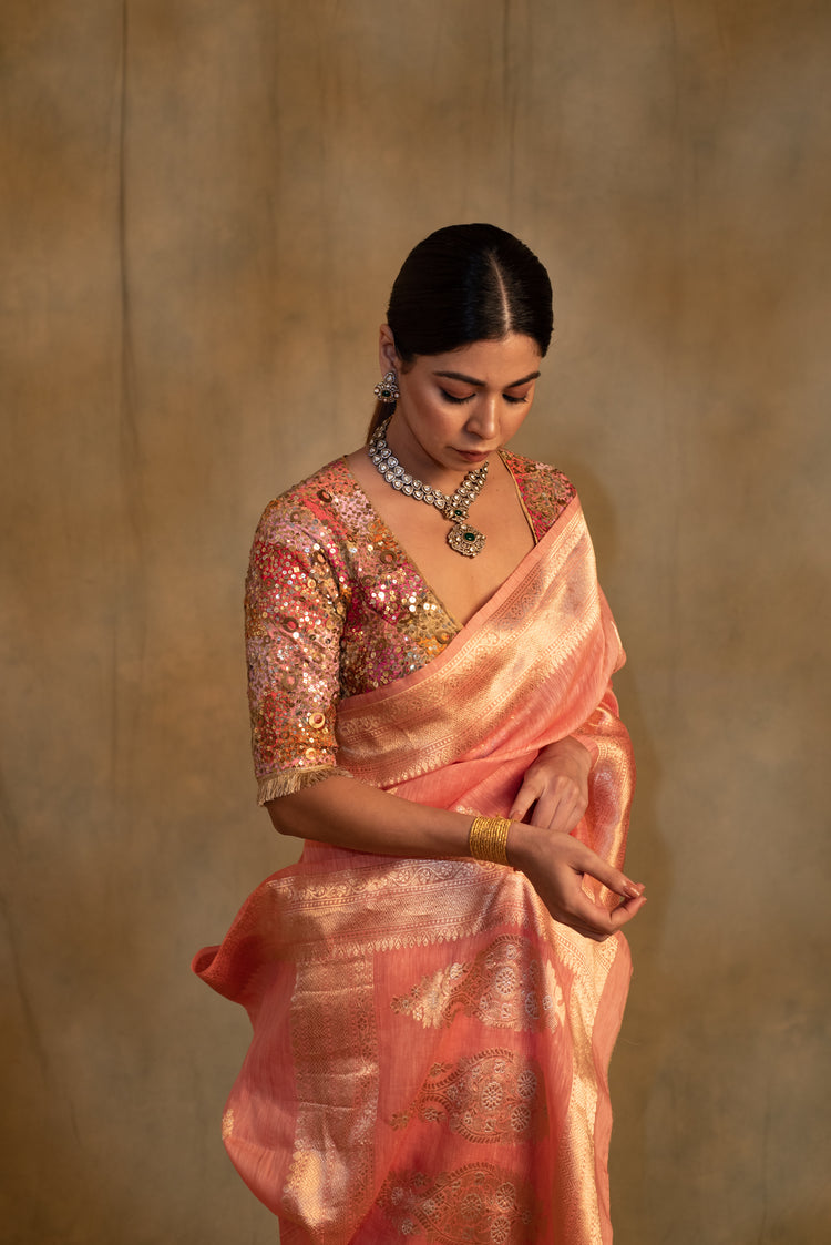 Karva- Coral Pink Linen- Silk Banarasi Saree