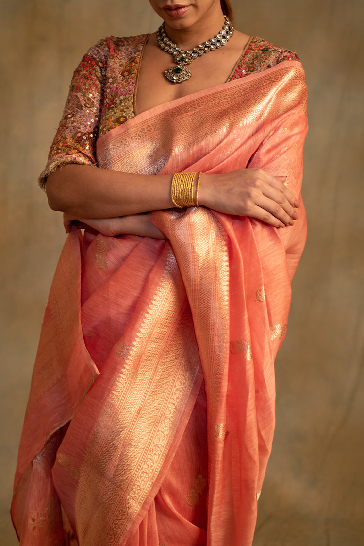 Karva- Coral Pink Linen- Silk Banarasi Saree