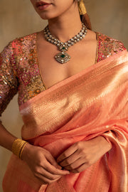 Karva- Coral Pink Linen- Silk Banarasi Saree