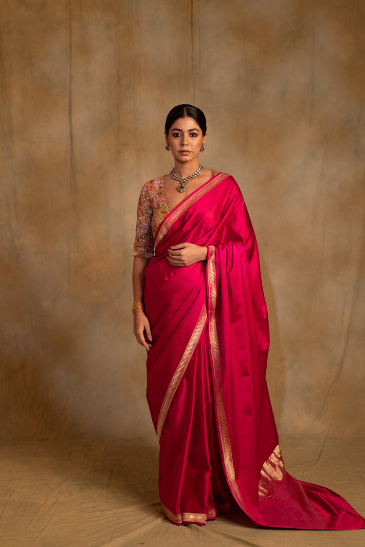 Navroz- Plain Pink Silk Mashru Banarasi Saree