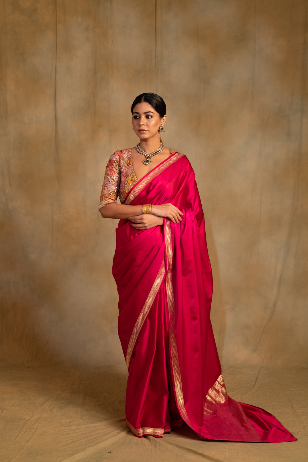 Navroz- Plain Pink Silk Mashru Banarasi Saree