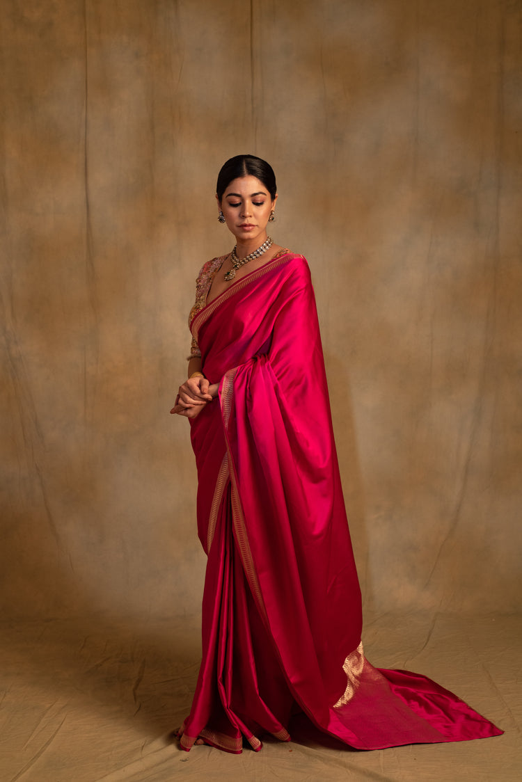 Navroz- Plain Pink Silk Mashru Banarasi Saree