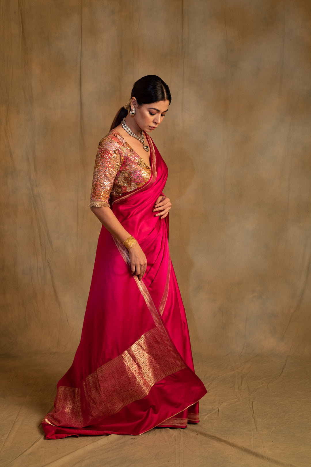 Navroz- Plain Pink Silk Mashru Banarasi Saree