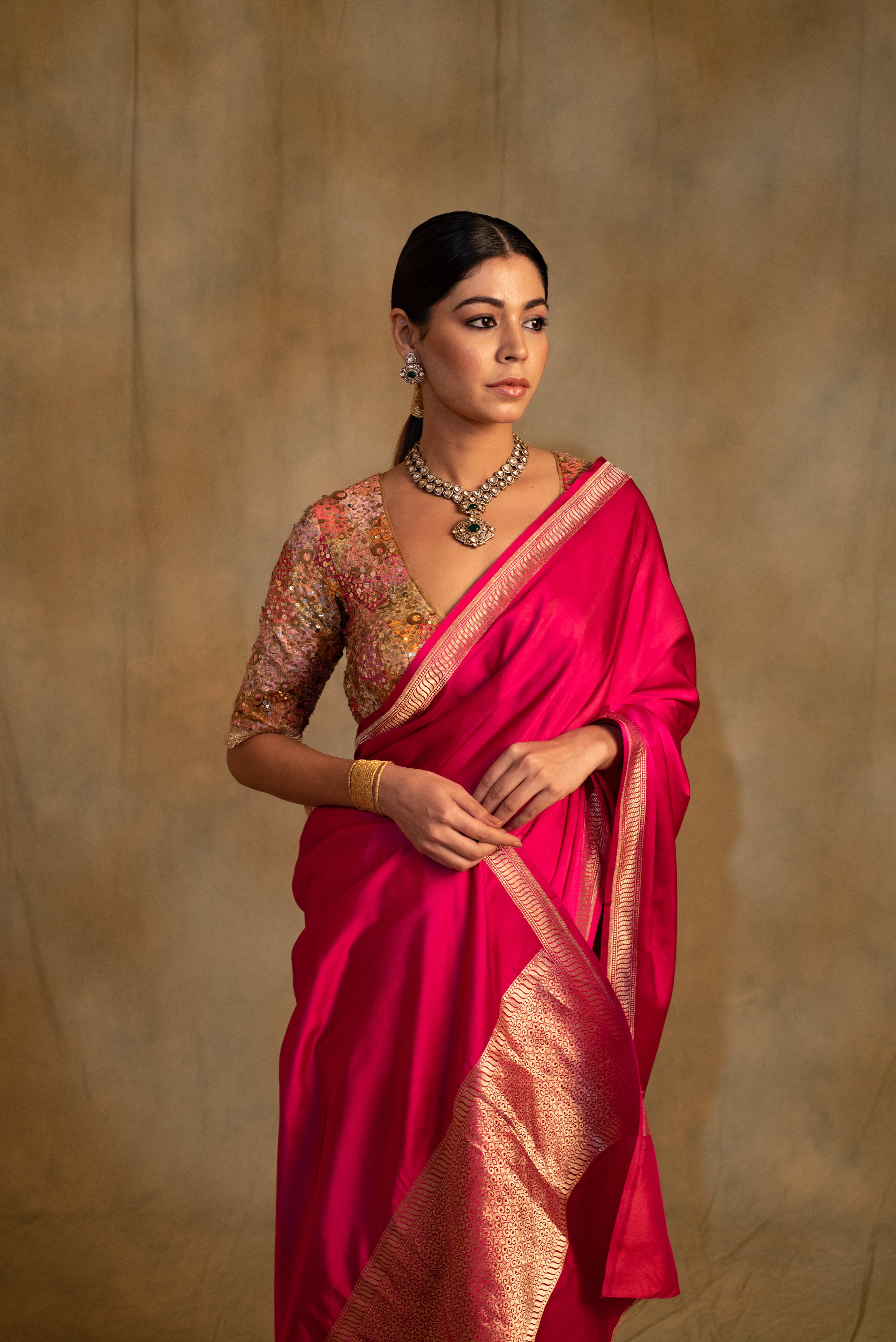 Navroz- Plain Pink Silk Mashru Banarasi Saree