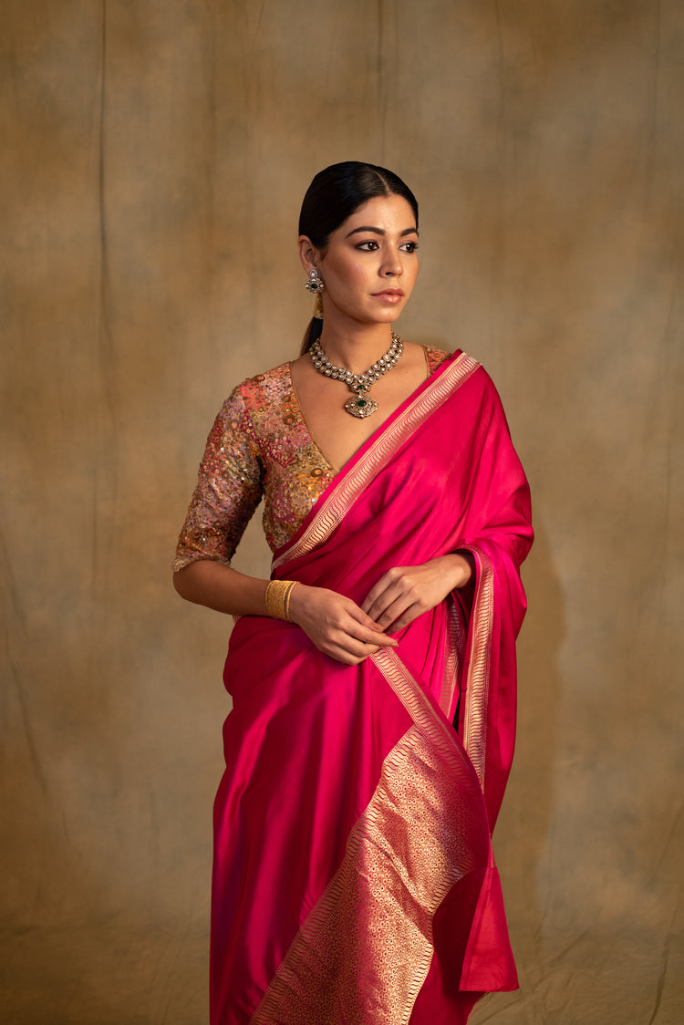 Navroz- Plain Pink Silk Mashru Banarasi Saree