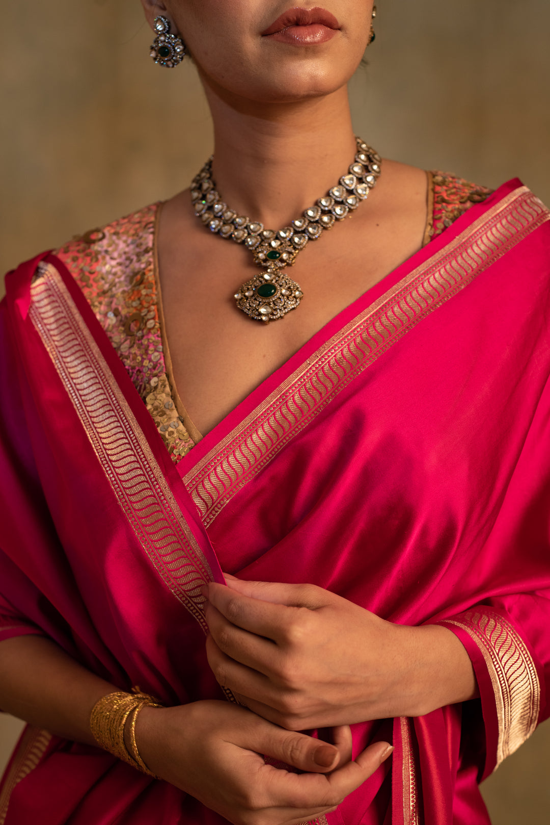 Navroz- Plain Pink Silk Mashru Banarasi Saree