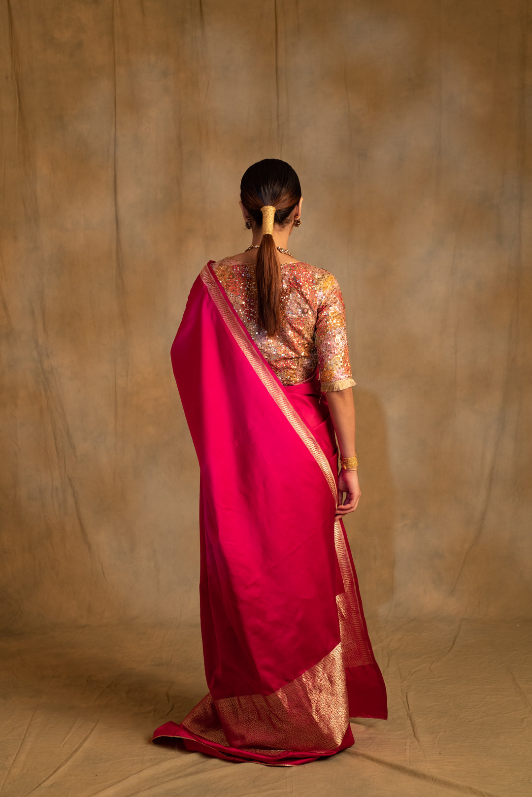 Navroz- Plain Pink Silk Mashru Banarasi Saree