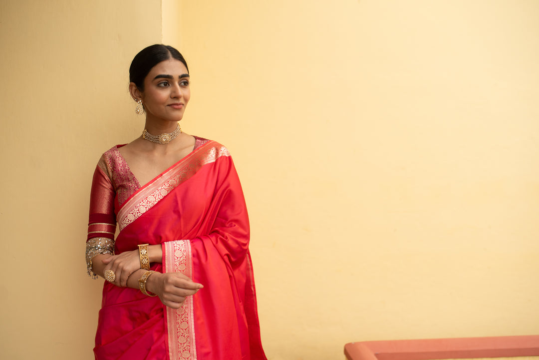 Kalamayi - Red Silk Mashroo Banarasi Saree