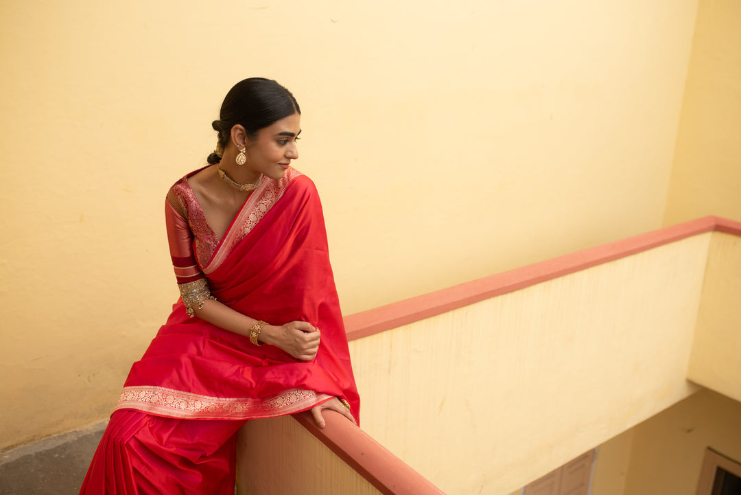 Kalamayi - Red Silk Mashroo Banarasi Saree