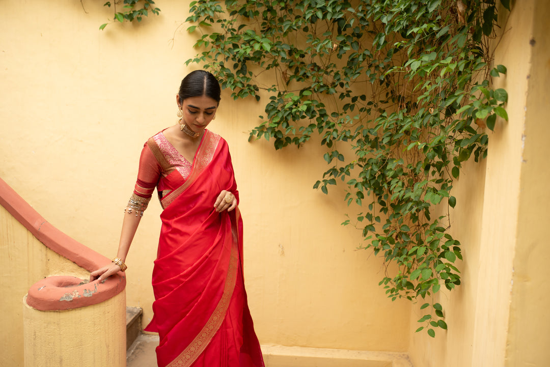 Kalamayi - Red Silk Mashroo Banarasi Saree