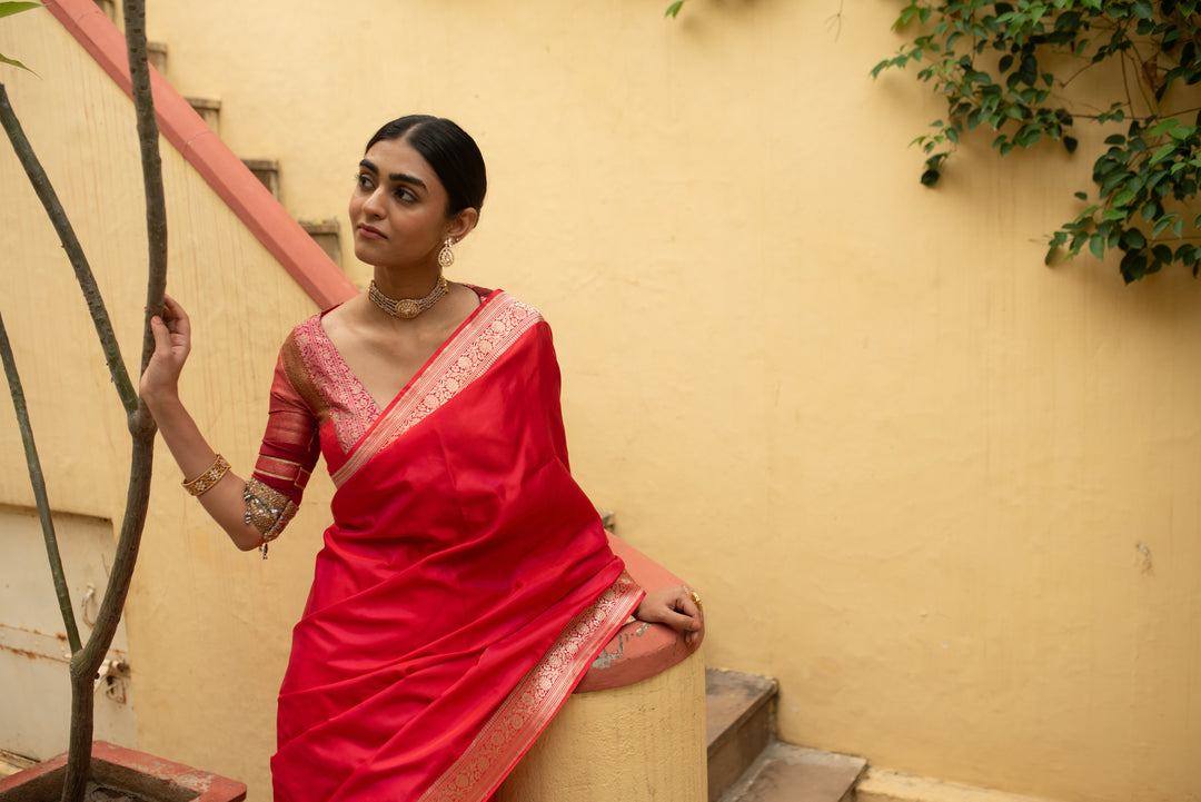 Kalamayi - Red Silk Mashroo Banarasi Saree
