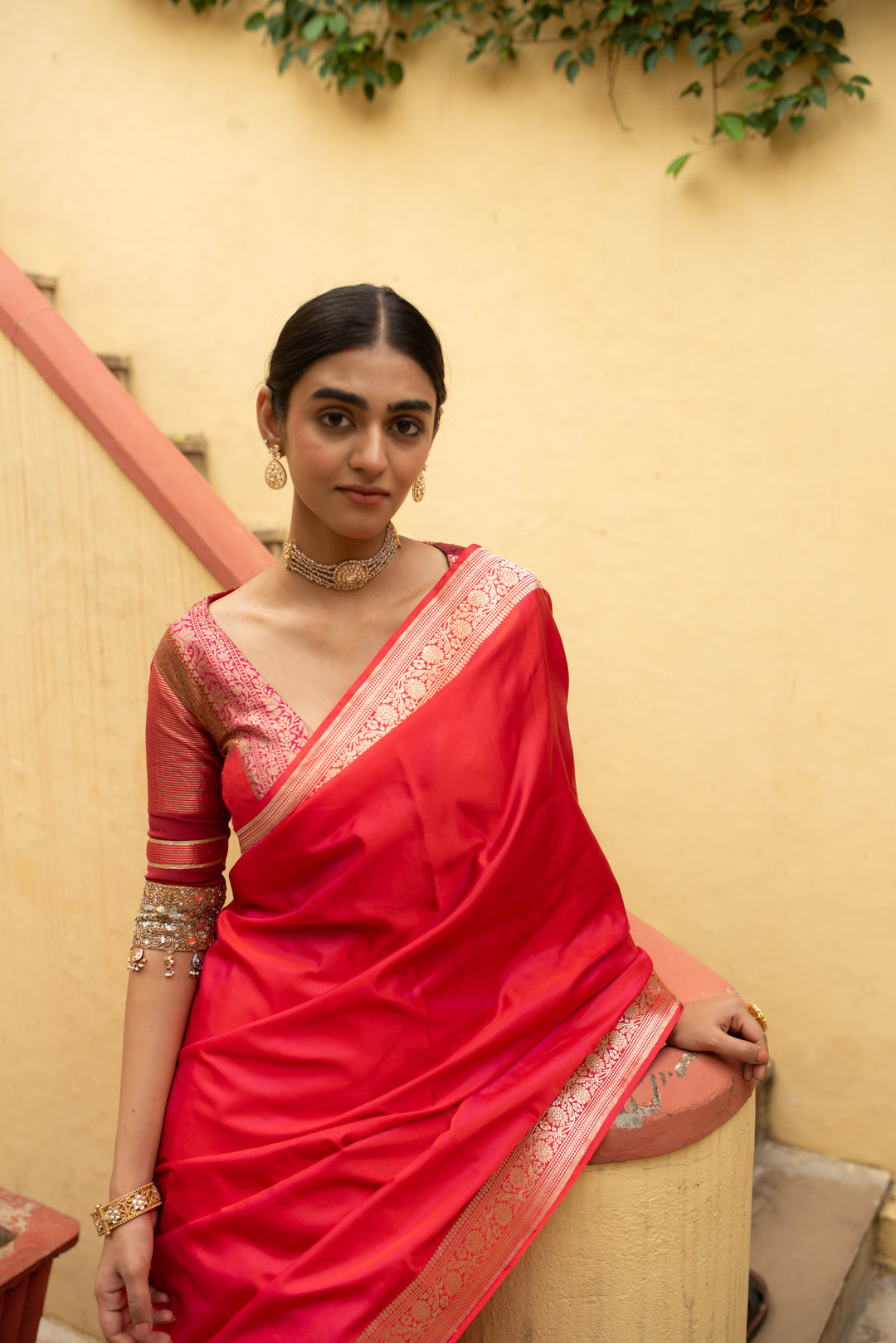 Kalamayi - Red Silk Mashroo Banarasi Saree