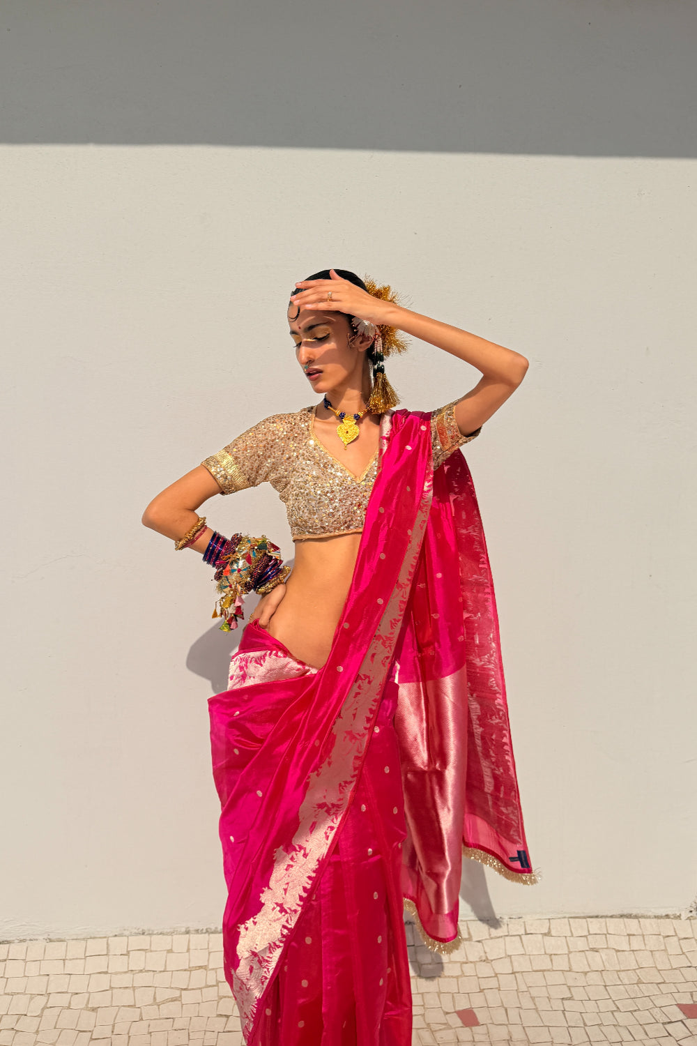 Nandi - Indian Pink Silk Chanderi Saree